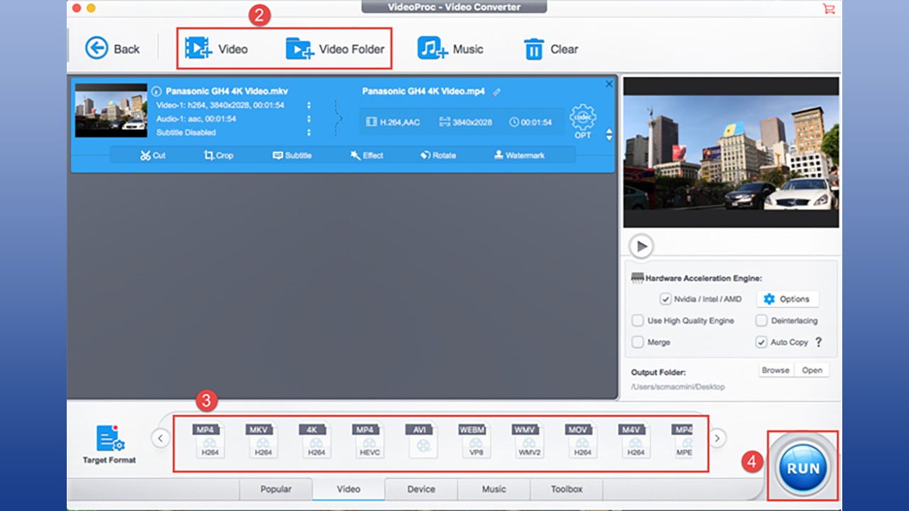 VideoProc Converter interface showing file details, format options like MP4 and MKV, a preview thumbnail, and a large run button for processing.