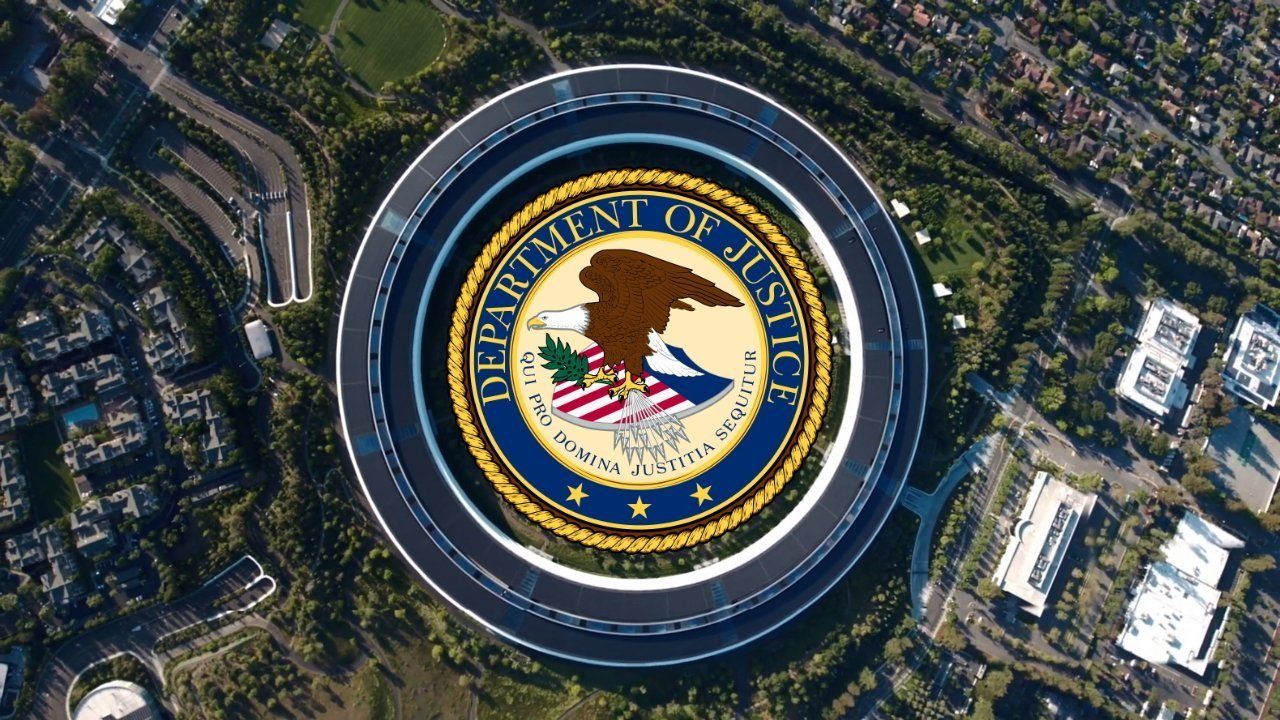 Aerial view of a circular building with the Department of Justice seal superimposed on top, surrounded by trees and a suburban neighborhood.