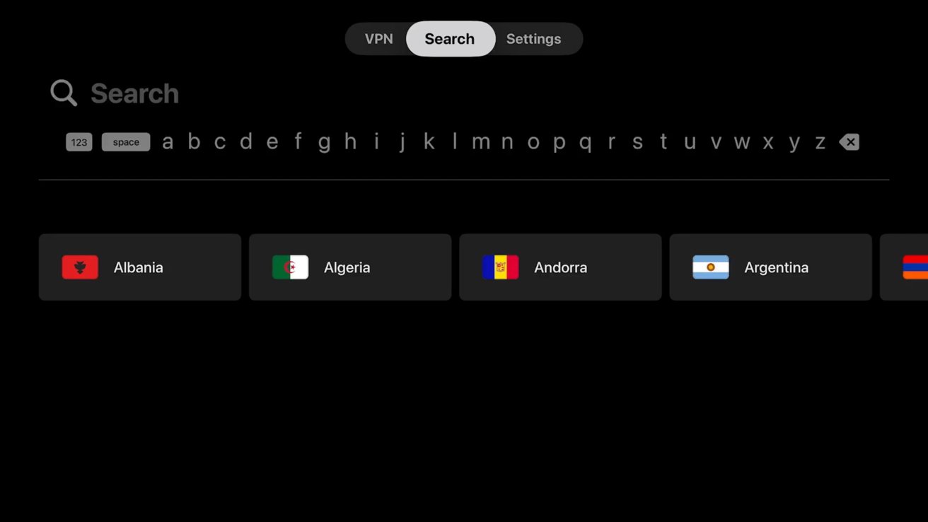 Search interface with country options including Albania, Algeria, Andorra, Argentina, and Armenia, each with their respective flags, in a dark theme layout.