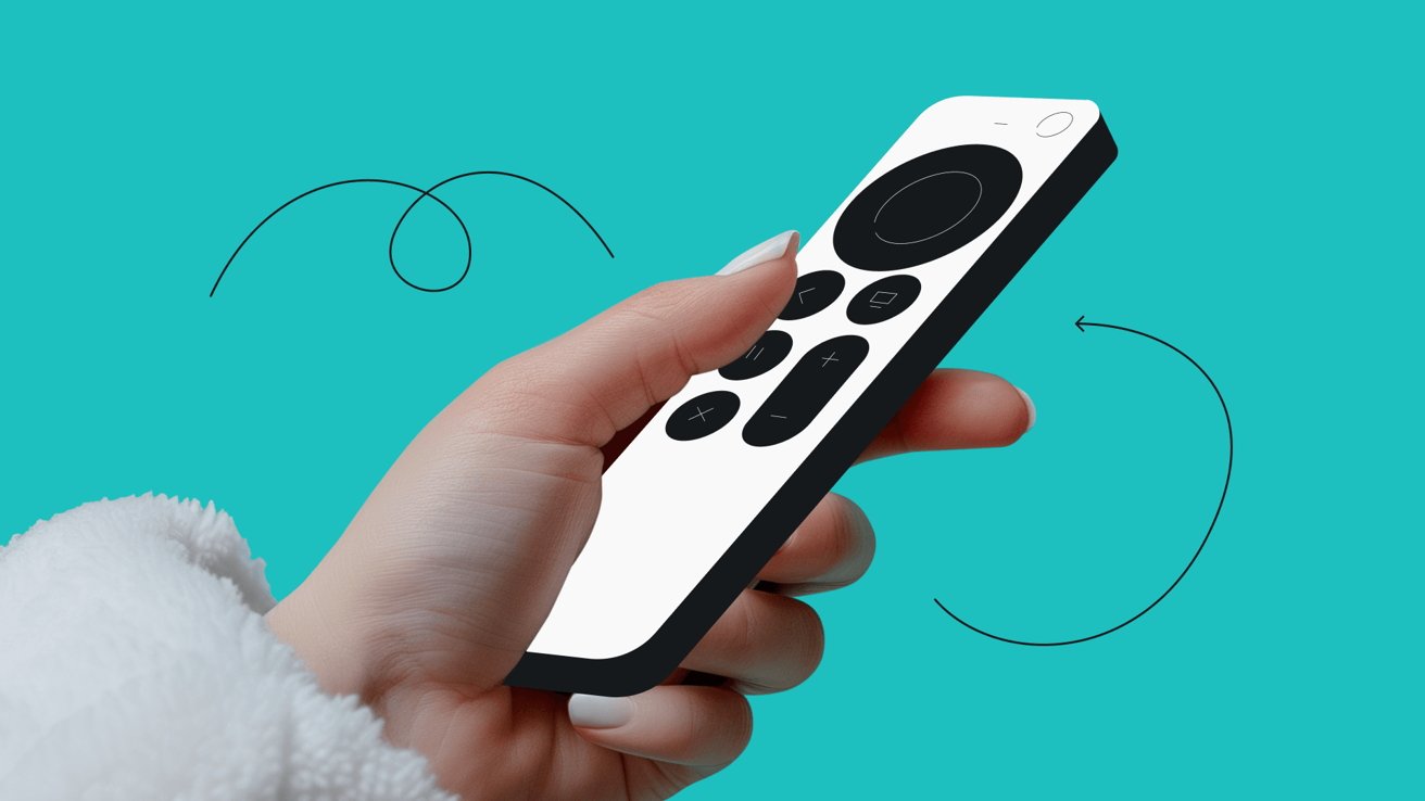 Hand holding a Siri remote control with black buttons against a teal background, with black swirling lines.