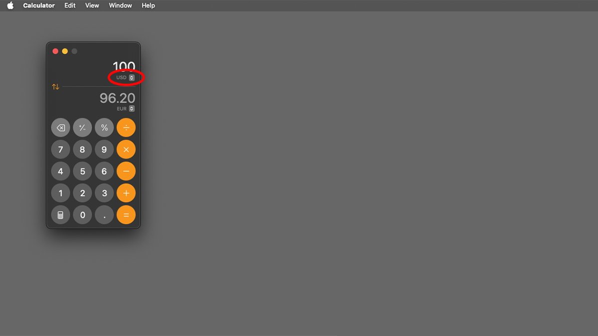 macOS Sequoia's Calculator currency conversion mode.
