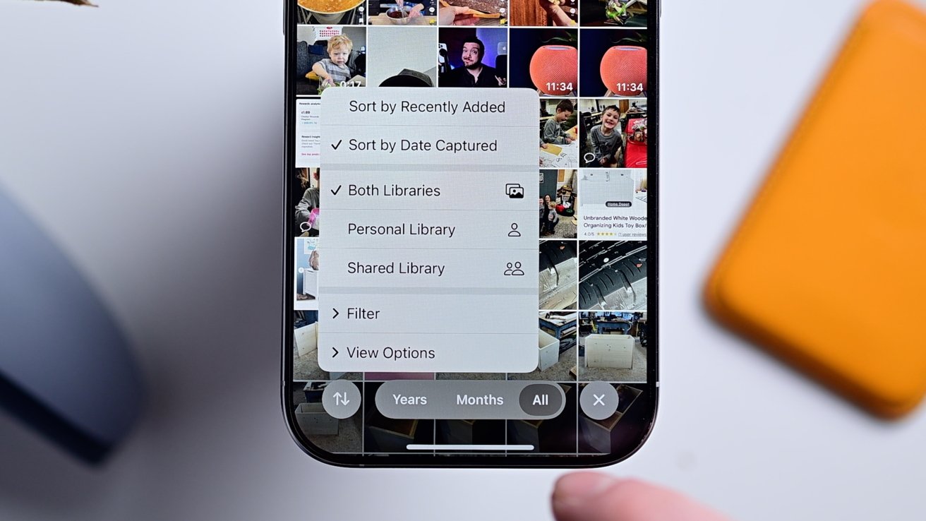 Smartphone screen displaying photo library sort options menu with categories like 'Recently Added' and 'Date Captured,' alongside library and filter settings.