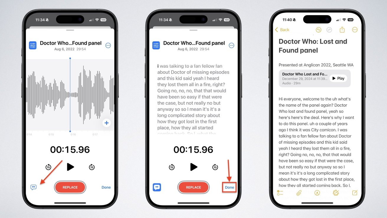 Three iPhone screens display a Doctor Who themed audio panel with waveform, transcription, and playback options.