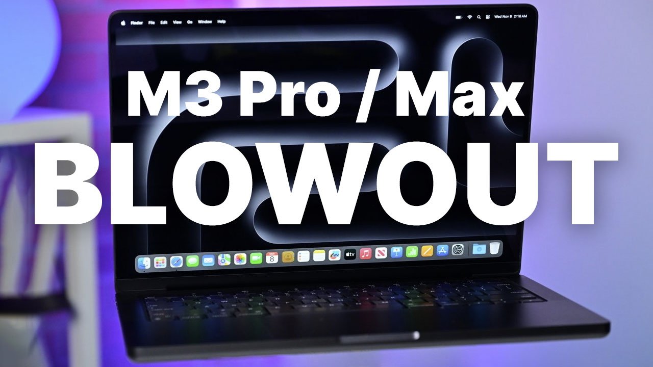 Open 14-inch MacBook Pro laptop displaying large text 'M3 Pro / Max BLOWOUT' on screen, with app icons visible at the bottom.