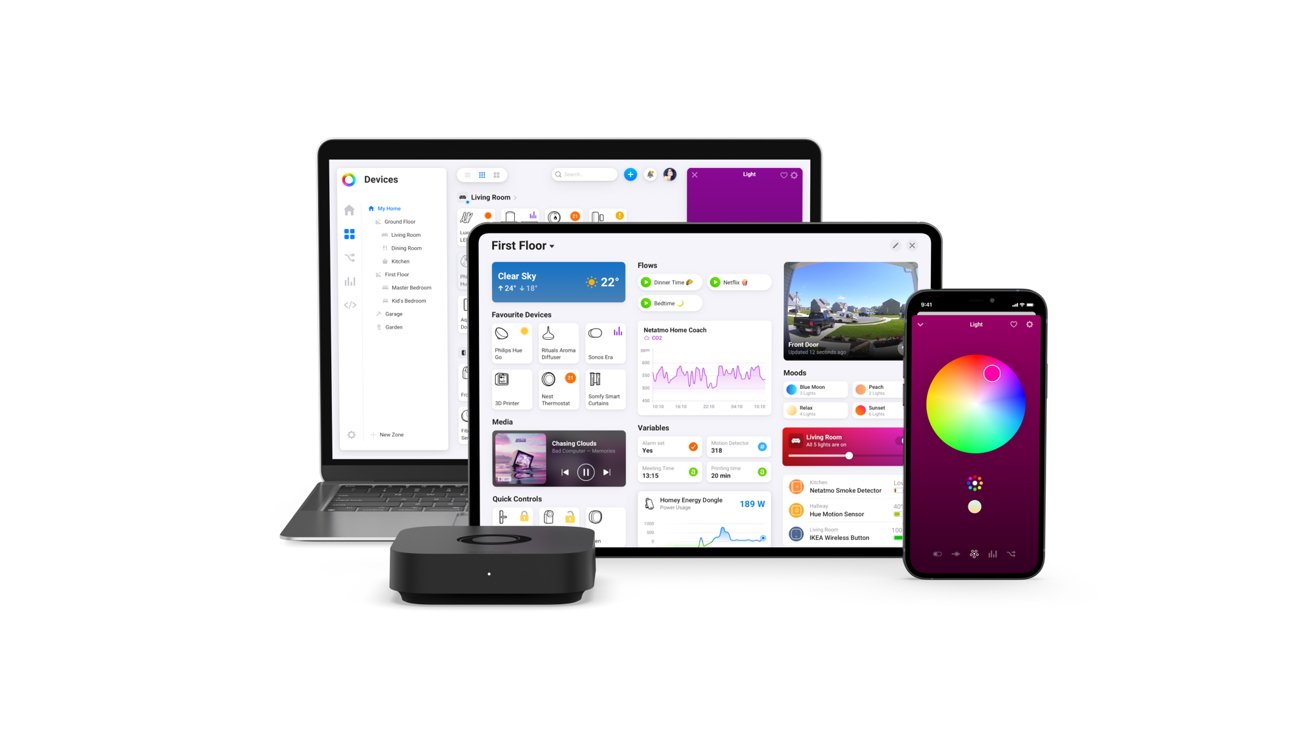 Various smart home application interfaces displayed on laptop, tablet, and smartphone screens, alongside a small black device.