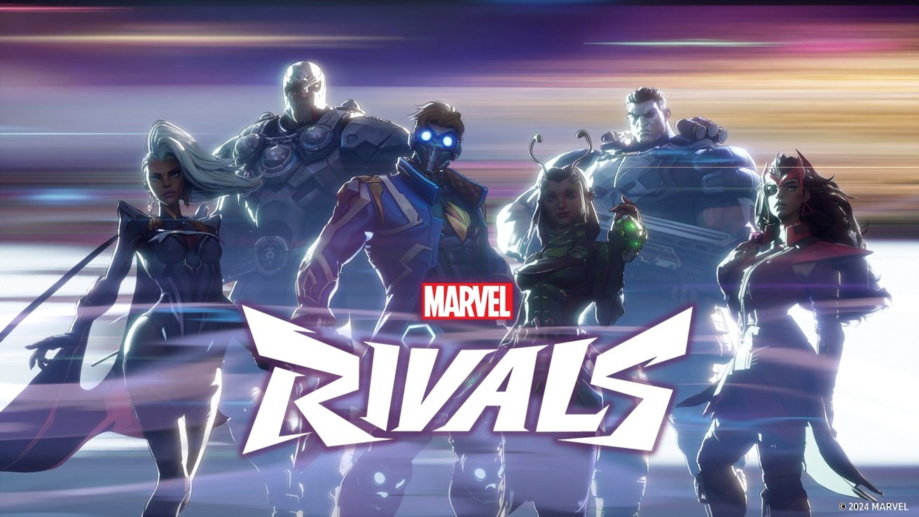 Six superheroes in dynamic poses stand behind the Marvel Rivals logo, with a blurred background depicting motion and light.