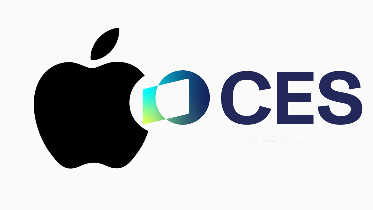 Black apple logo overlapping dark blue letters 'CES' with a multicolored half-circle in between.