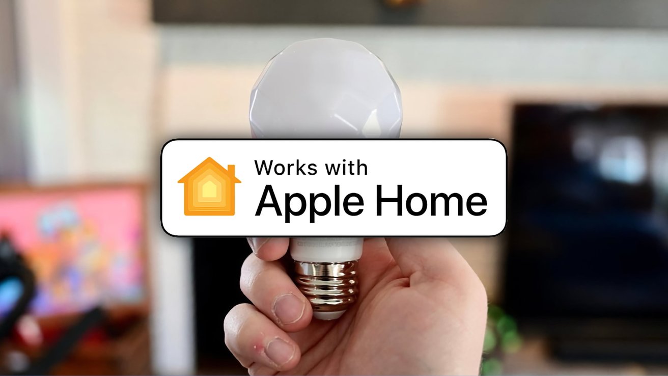 A hand holding a smart light bulb with a label: Works with Apple Home, featuring a small house icon.