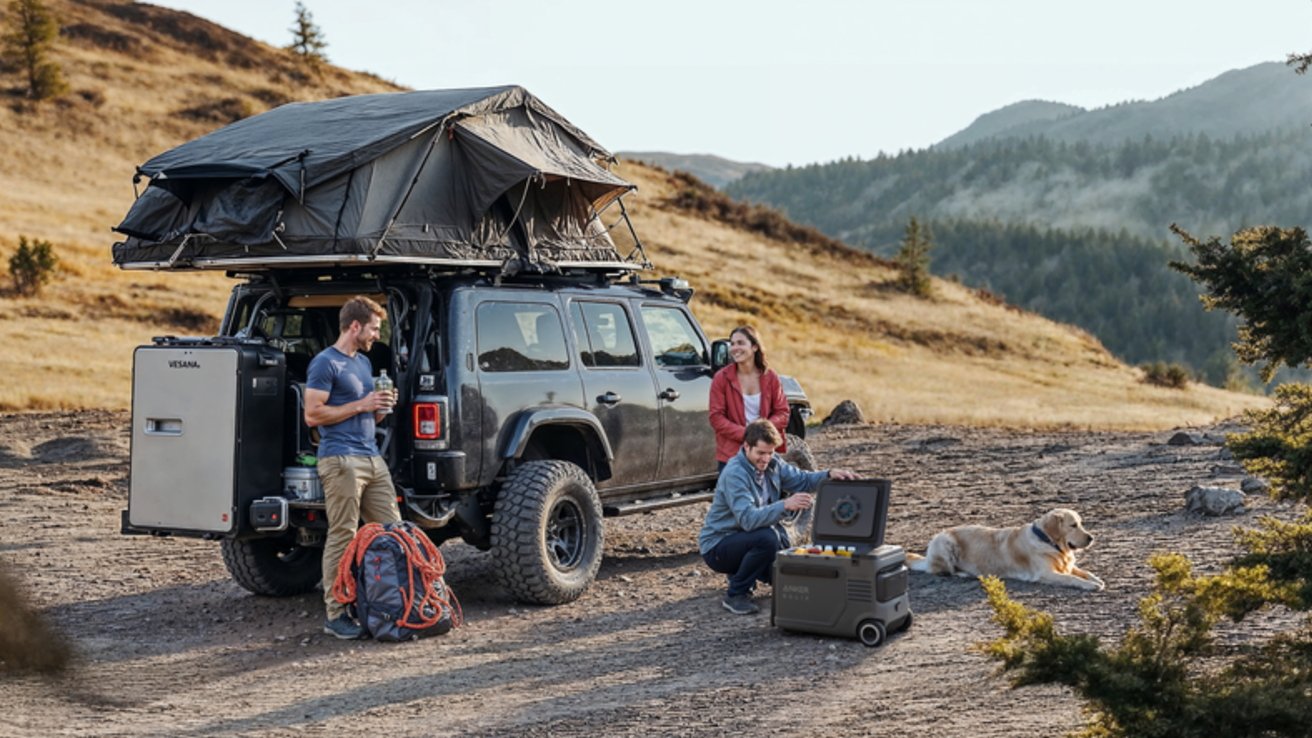 Outdoor camping scene with three people, a dog, and an SUV featuring a rooftop tent in a mountainous landscape. One person opens a portable cooler.