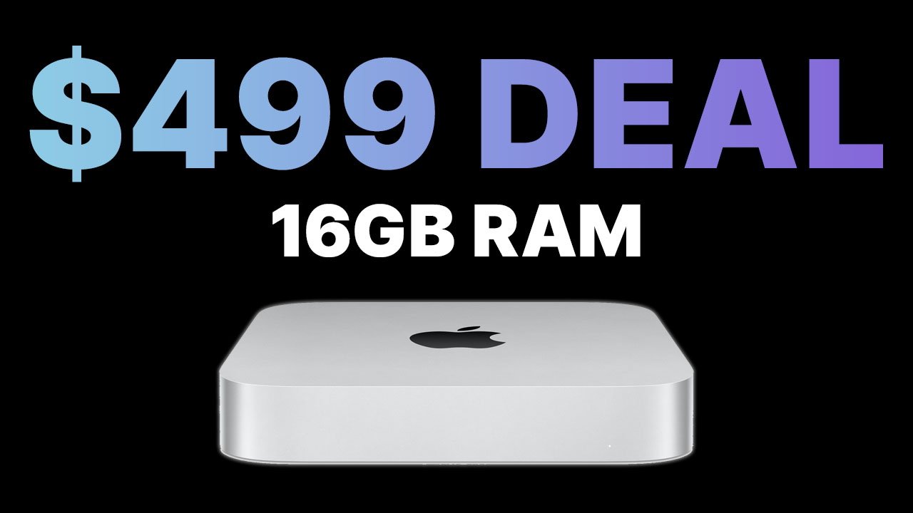 $499 M2 Mac mini deal showing a compact silver computer with 16GB RAM on a black background.