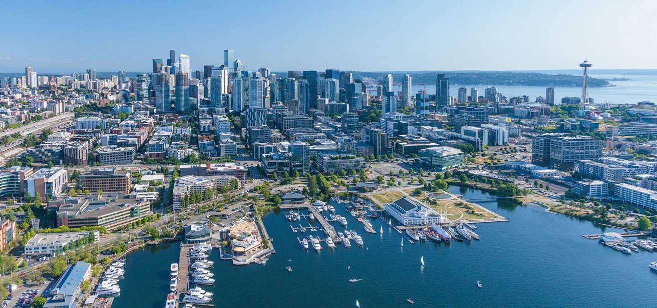 Aerial view of a city skyline with skyscrapers, a large body of water, numerous boats docked, and a notable tower in the distance.