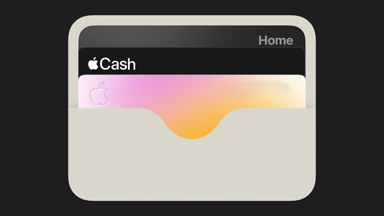 Digital wallet graphic with Apple Cash card and colorful gradient card inside a light gray pocket against a dark background.