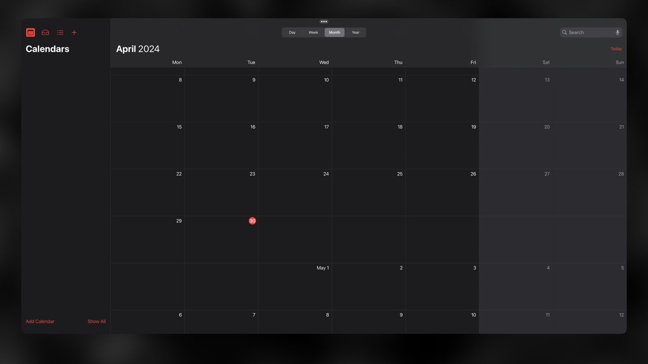 Dark-themed digital calendar displaying April 2024 with highlighted date, April 29, marked with a red dot. Calendar navigation options appear at the top.