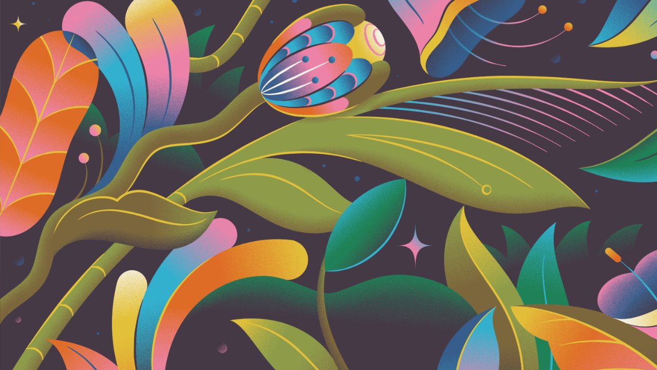 Vibrant abstract foliage features colorful leaves, curving stems, and floral shapes, set against a dark background with subtle star-like accents.