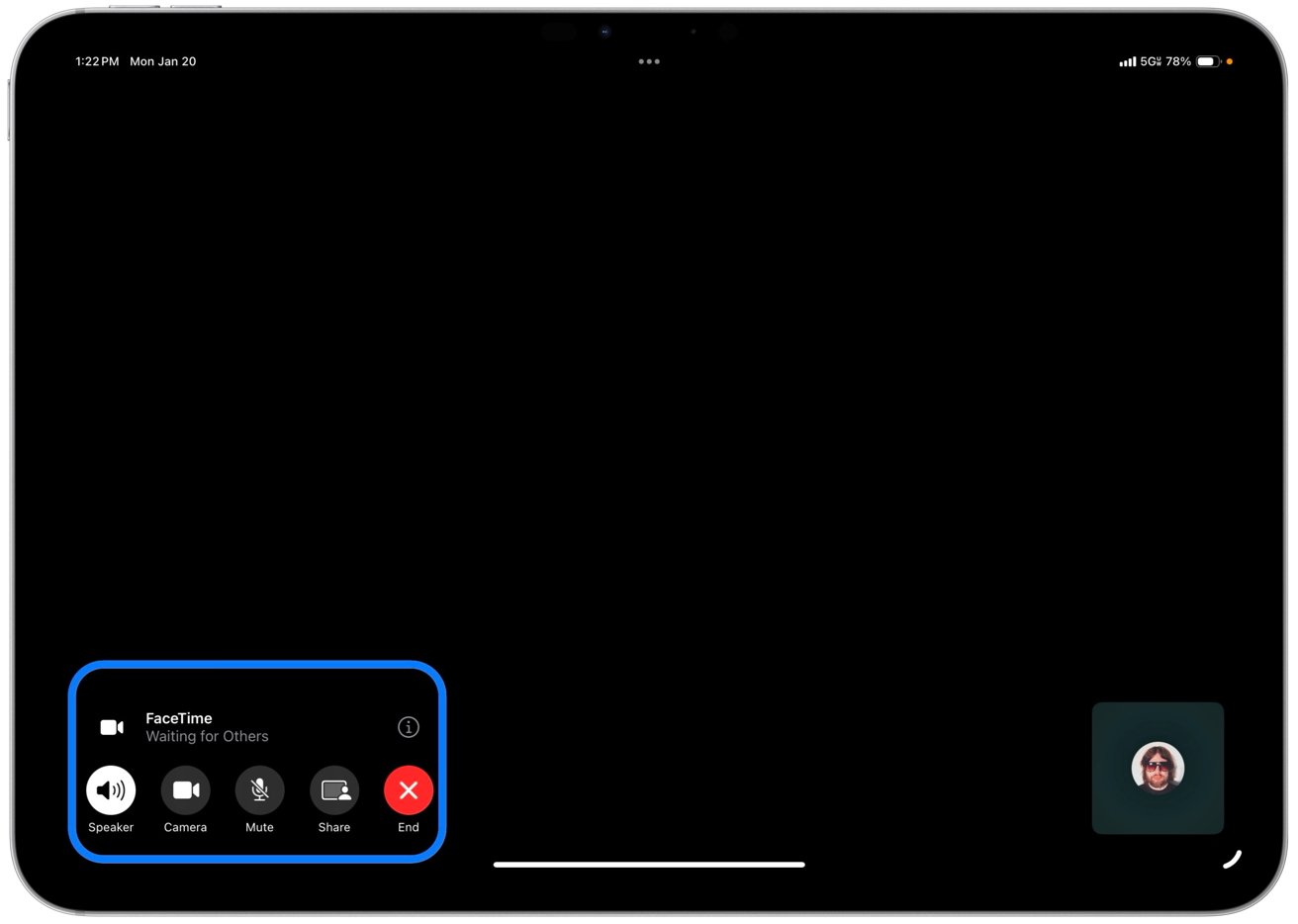 FaceTime call screen with controls for speaker, camera, mute, share, and end. Screen shows a small profile picture and indicates waiting for others.