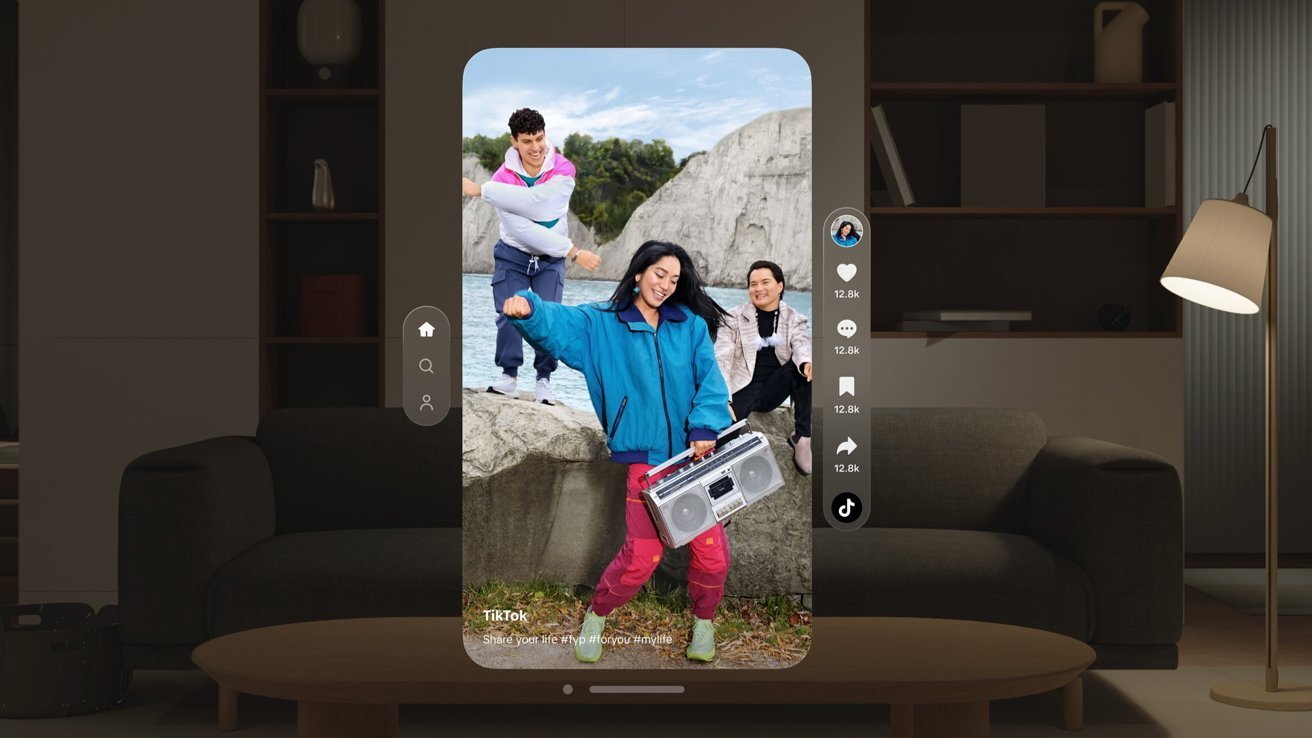 Living room features a large digital display showing three people outdoors in colorful clothes, one holding a boombox. Modern furniture and standing lamp in the background.