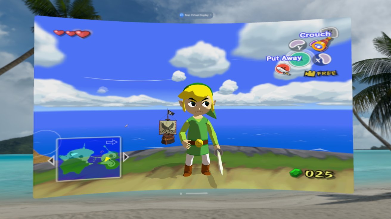 Cartoon character with green tunic and sword stands on a beach in a video game scene with a blue sky and ship.