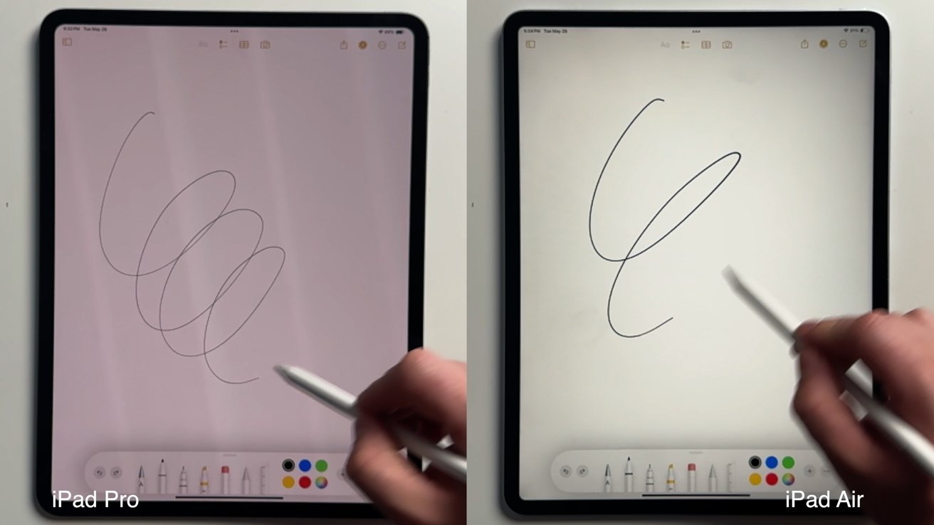 Side-by-side comparison of iPad Pro and iPad Air, each displaying different stylus strokes being drawn on their screens.