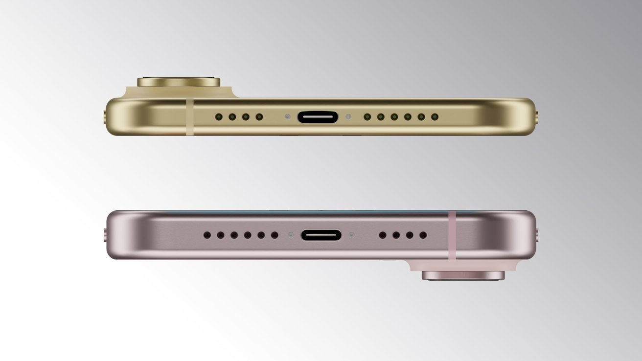 Two smartphones shown from the side, one gold and one silver, highlighting the camera bump and USB-C ports.