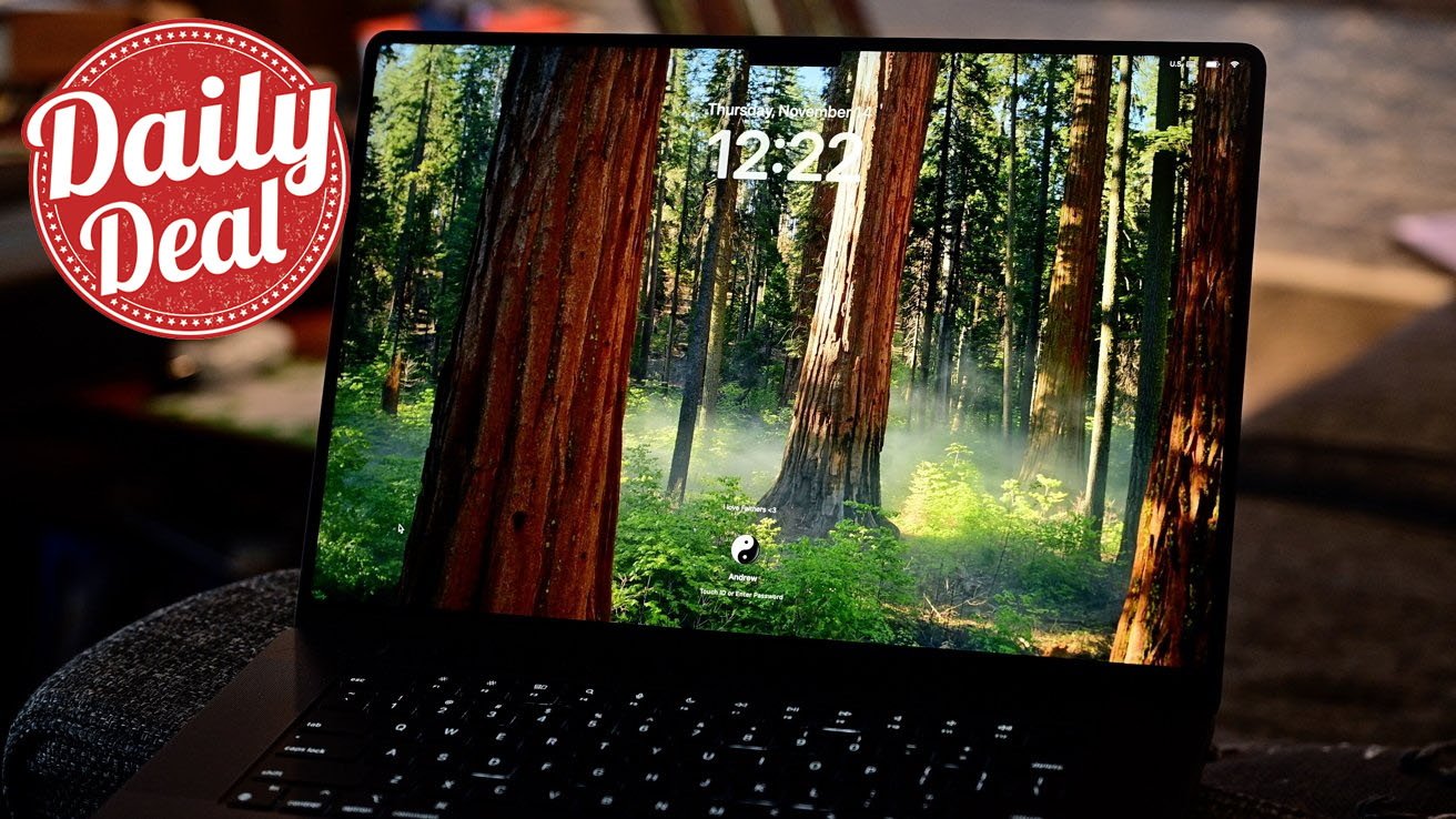 MacBook Pro 16-inch displaying a forest wallpaper with digital time and date, alongside a red and white 'Daily Deal' badge in the corner.