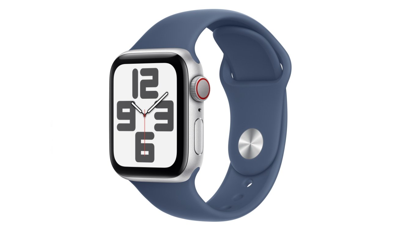 Smartwatch with large white face, bold black numbers, and a silver case on a dark blue band.