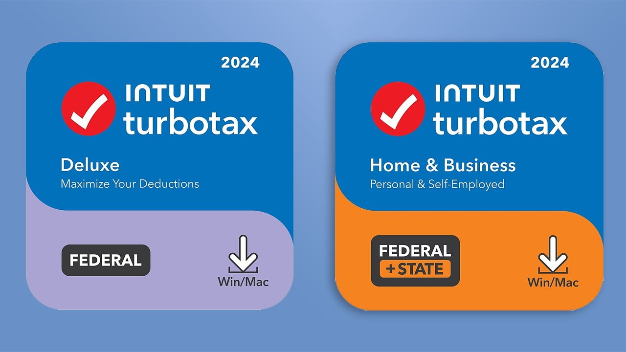 Two TurboTax packages titled 'Intuit TurboTax 2024', one for 'Deluxe' and another for 'Home & Business', both compatible with Windows and Mac.