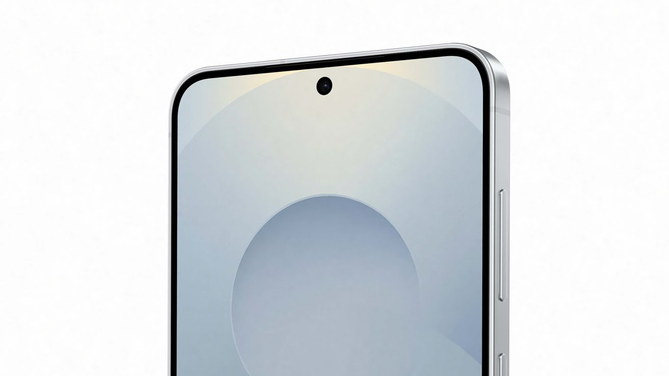 Close-up of a smartphone's top corner with a front-facing camera and volume buttons on the side, displaying a minimalist circular gradient wallpaper.