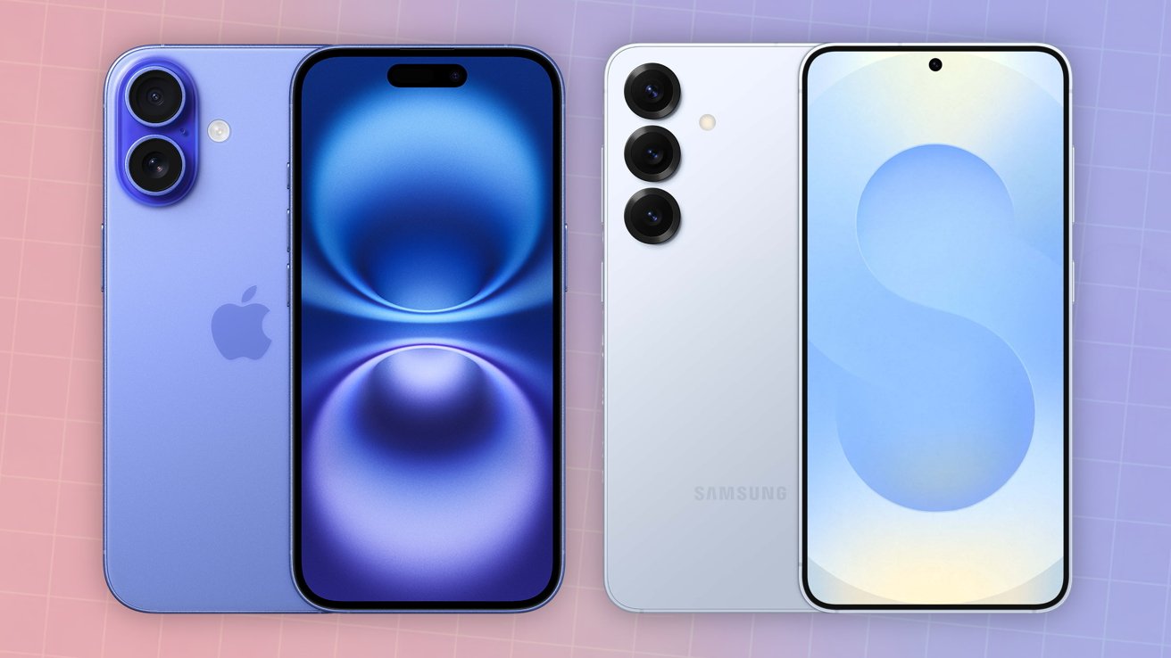 Two smartphones side by side, one purple with dual cameras, the other white with triple cameras, showcasing different screen designs.