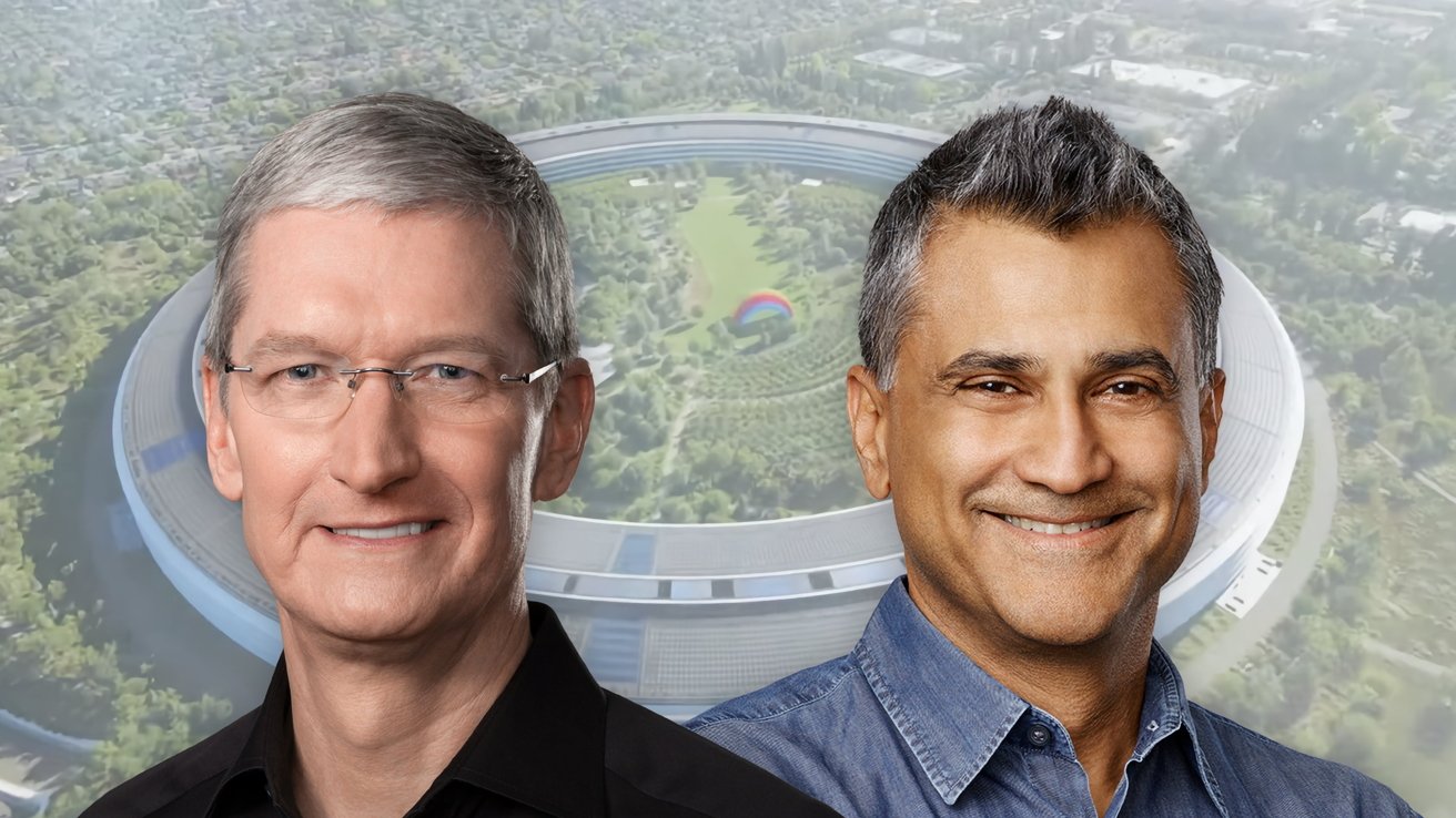 Two smiling men in front of a large, circular building with a green courtyard and rainbow structure in the background.