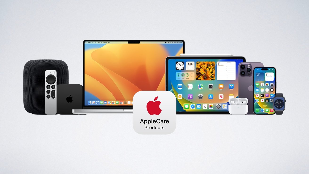 Collection of Apple products including a MacBook, iPad, iPhone, Apple Watch, AirPods, HomePod, and Apple TV, with an AppleCare logo in front.