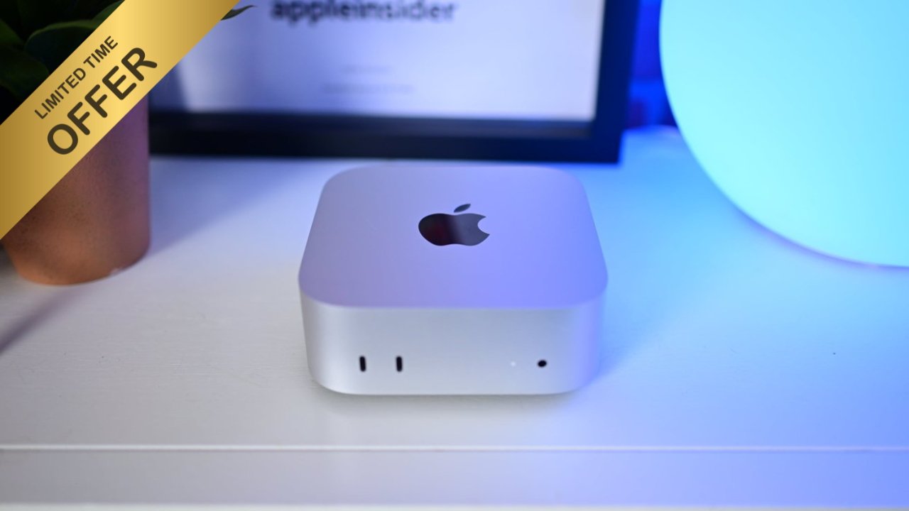 Apple Mac mini on a white desk with a 'Limited Time Offer' banner in the corner; ambient blue lighting.