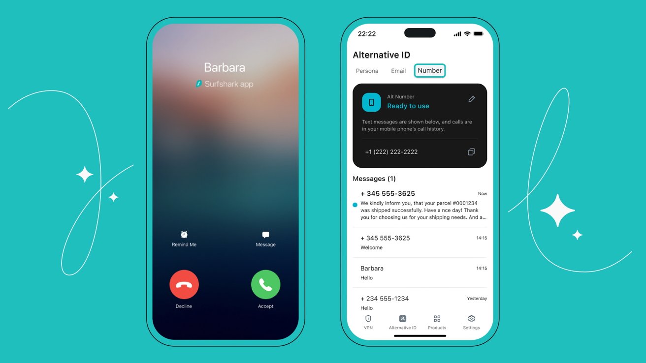 Two smartphone screens on a turquoise background; left screen shows an incoming call, right screen displays messages and an alternative ID number setup.