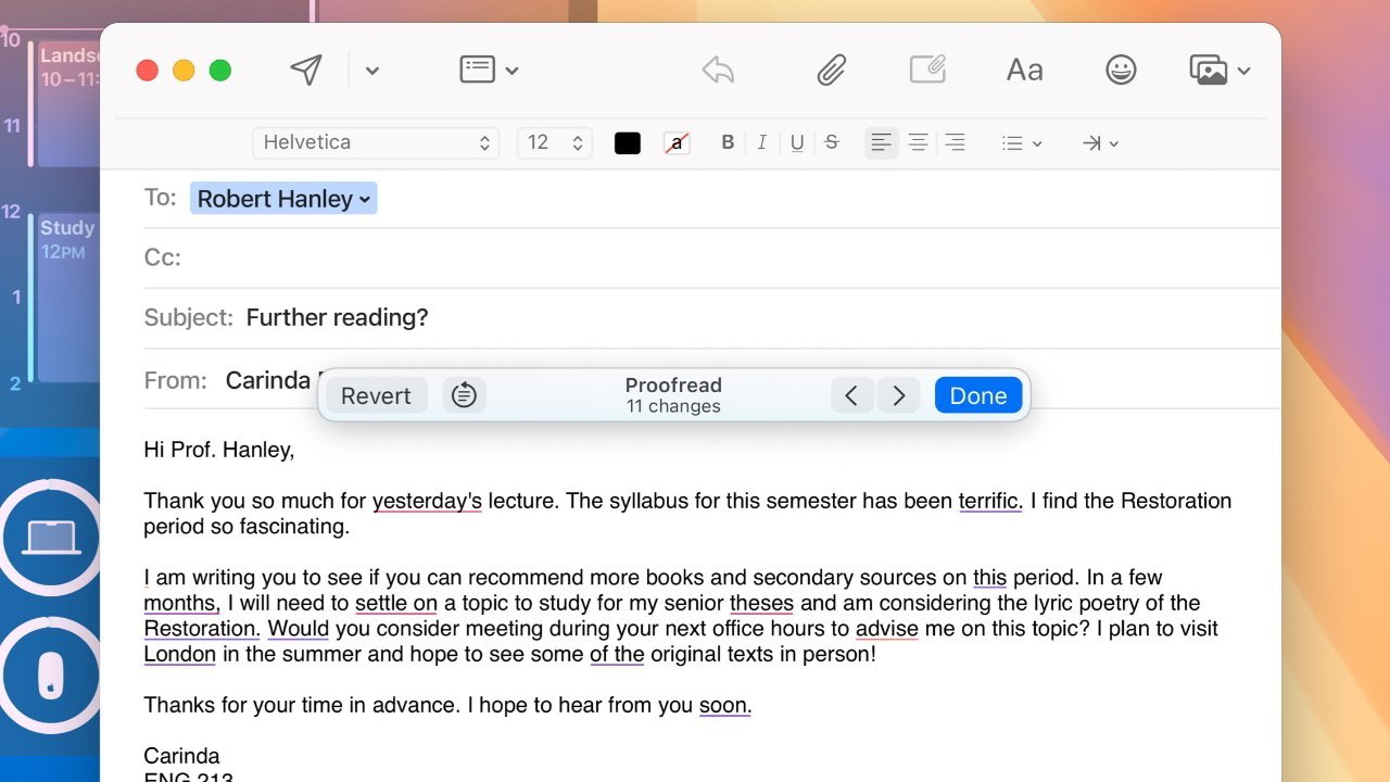 Email draft to Professor Hanley with suggestions for further reading on the Restoration period, visible proofreading tool indicating 11 changes.