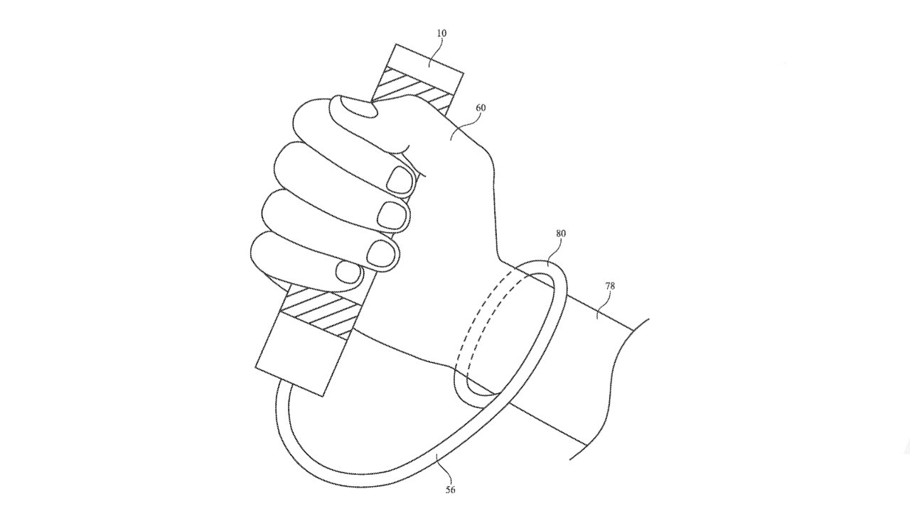 Hand gripping a segmented handle with a strap around the wrist, depicted in a simple line drawing.