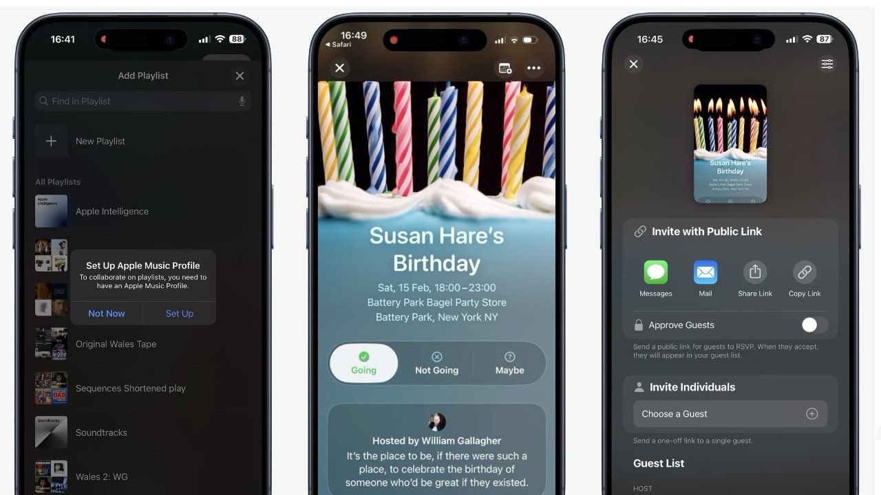 Three smartphone screens showing an event invitation for a birthday party, options for sharing via public link, and Apple Music playlist setup prompt.