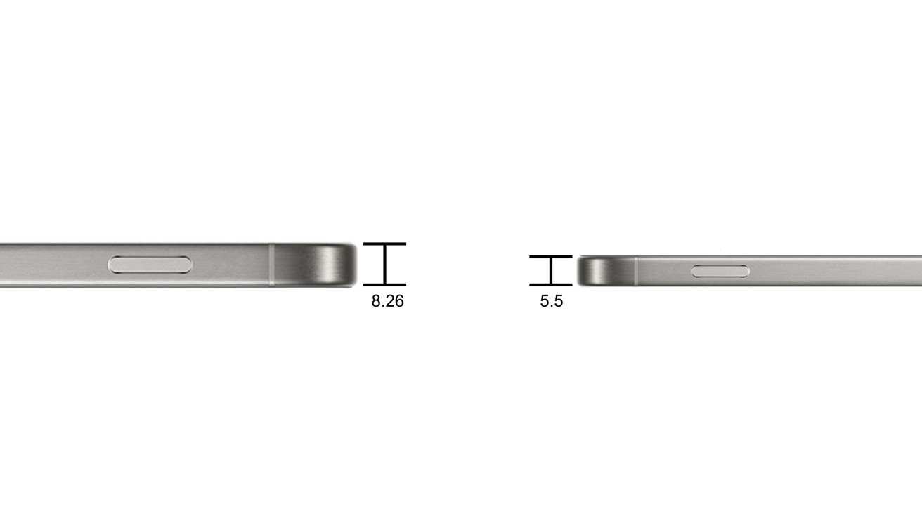 The iPhone 16 Pro (left) and the rumored thickness of the iPhone 17 Air (right).