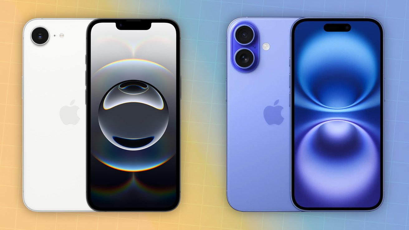 Two smartphones side by side on a gradient background showing front and back views, featuring circular patterns on screens.