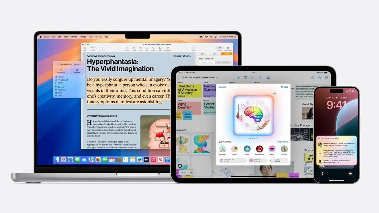 Various Apple devices displaying different apps: a MacBook with a document, an iPad showing creative tools, and an iPhone with notifications, all on a white background.