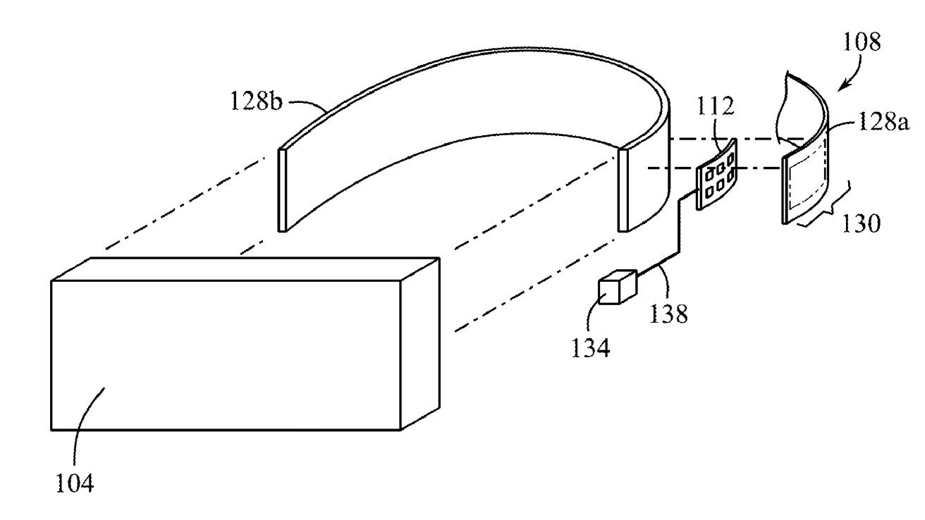 Exploded view of an electronic device with a main rectangular body, curved arm, keypad, and two attachment segments.