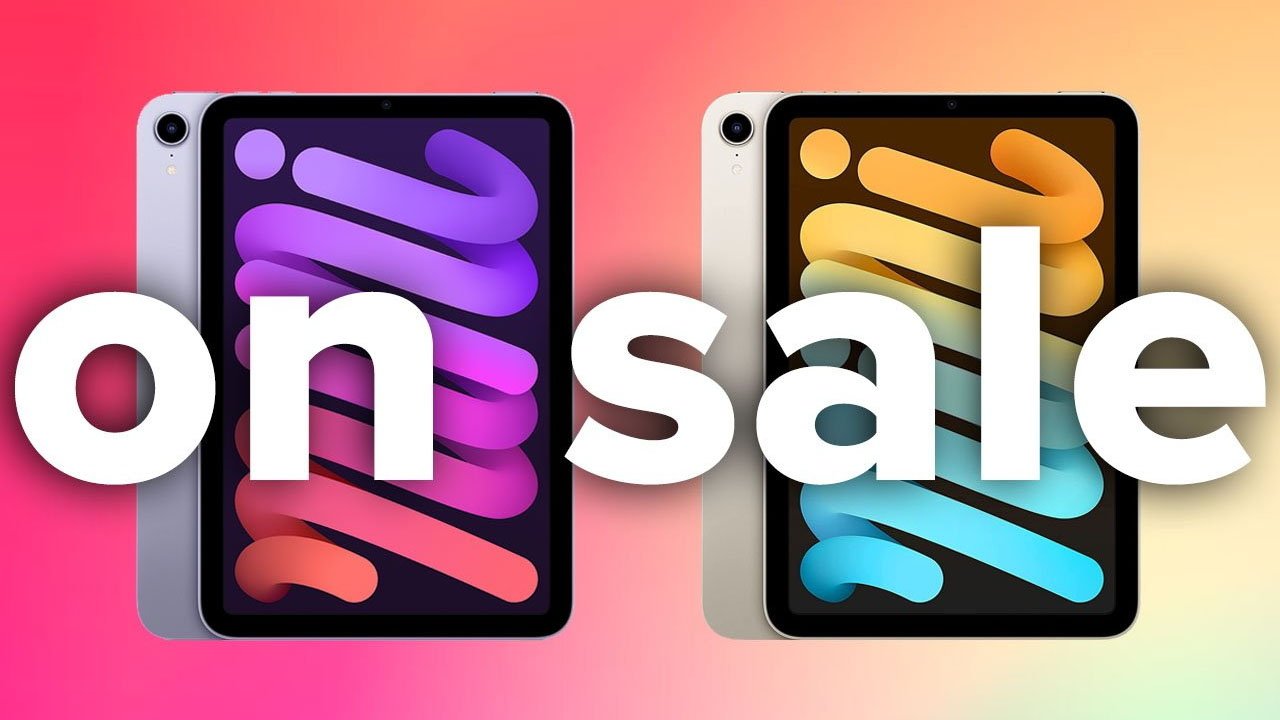 Two iPad mini 7 tablets with colorful screens are presented against a gradient background. Large white text reads 'on sale.'