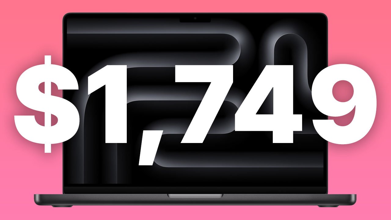 Apple's 14-inch MacBook Pro laptop on a pink background with bold white text displaying a price of $1,749.