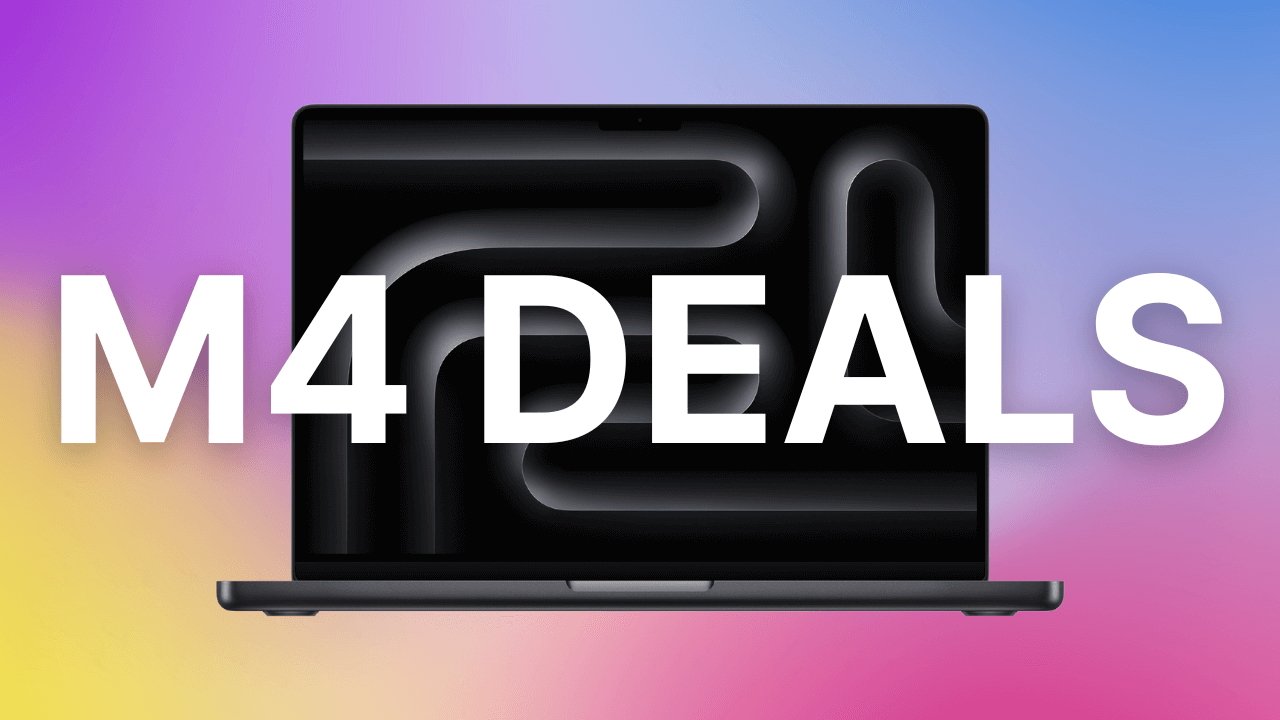 MacBook Prop laptop in Space Black with vibrant gradient background displaying 'M4 DEALS' in bold white text.