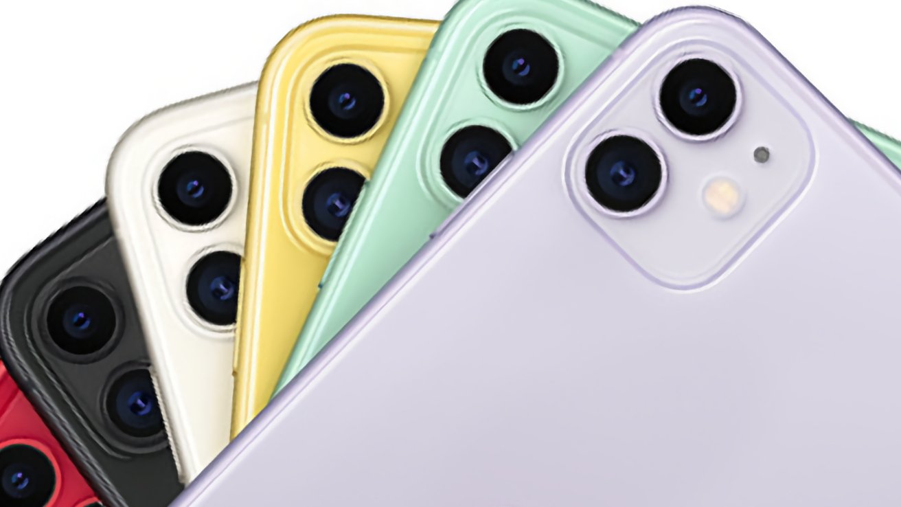 Five smartphones overlapping, showing backs with dual cameras in colors: red, black, white, yellow, and green.