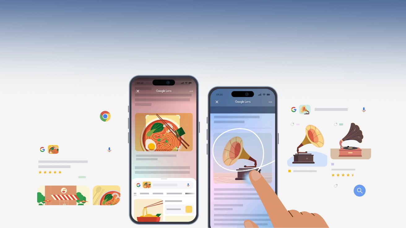 Two smartphones displaying Google Lens, one shows ramen, the other a gramophone. Floating icons and search results related to these items are visible around the phones.