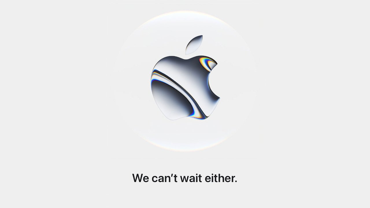 Metallic apple logo with colorful reflections on light gray background, text below reads: We can't wait either.