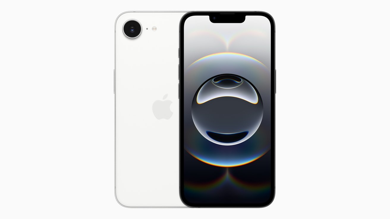 Two smartphones; one with a black screen displaying a reflective bubble, the other showing a white back with a camera and Apple logo.