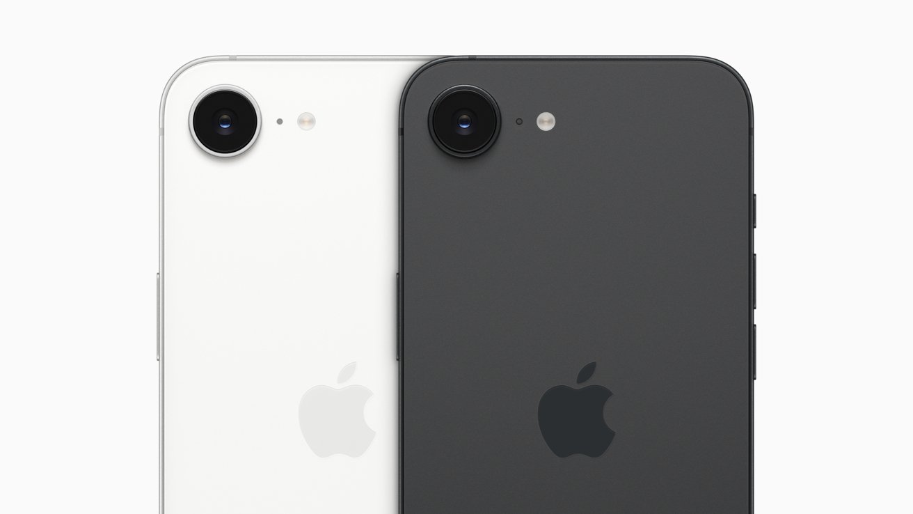 Two iPhones in black and white, showing rear cameras and Apple logos.