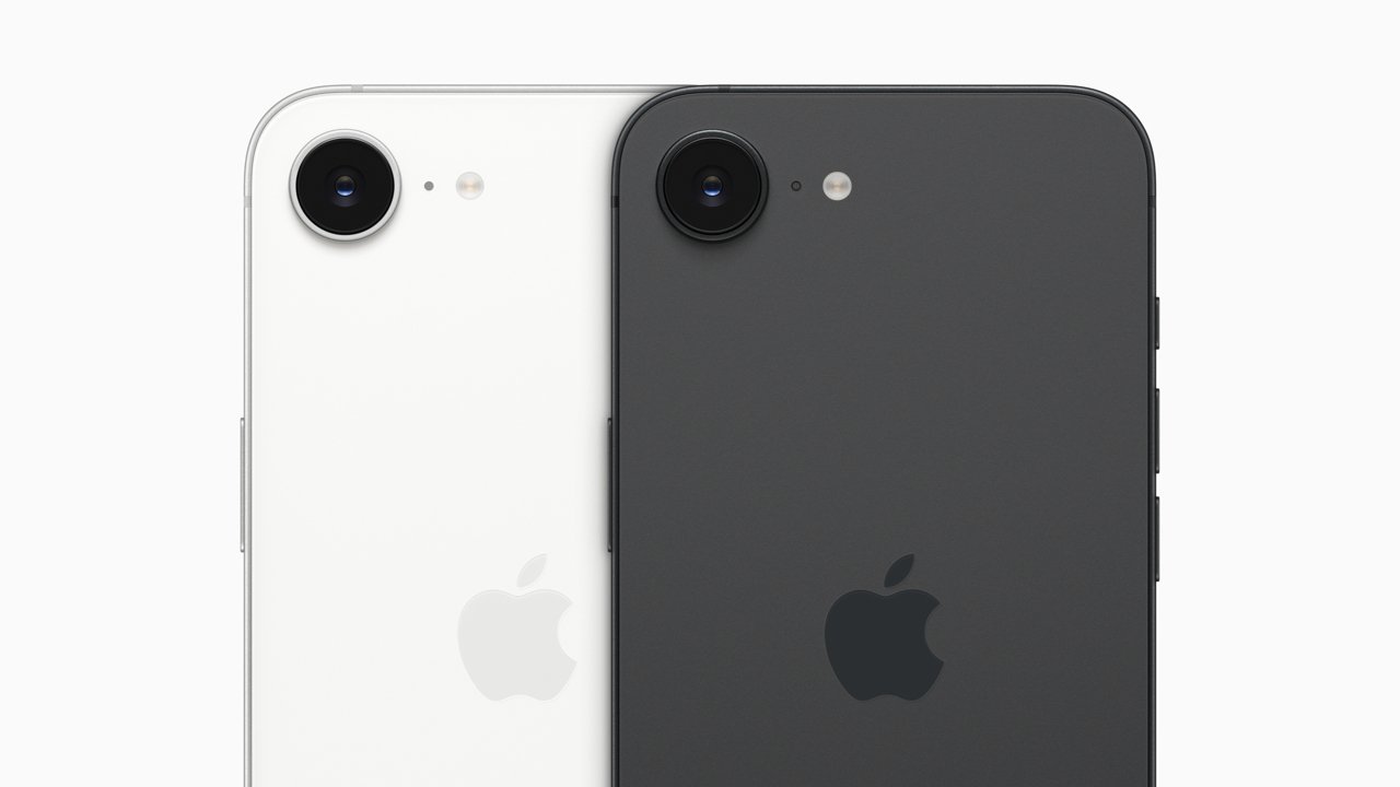 Two smartphones with prominent rear cameras, one white and one black, with visible Apple logos.