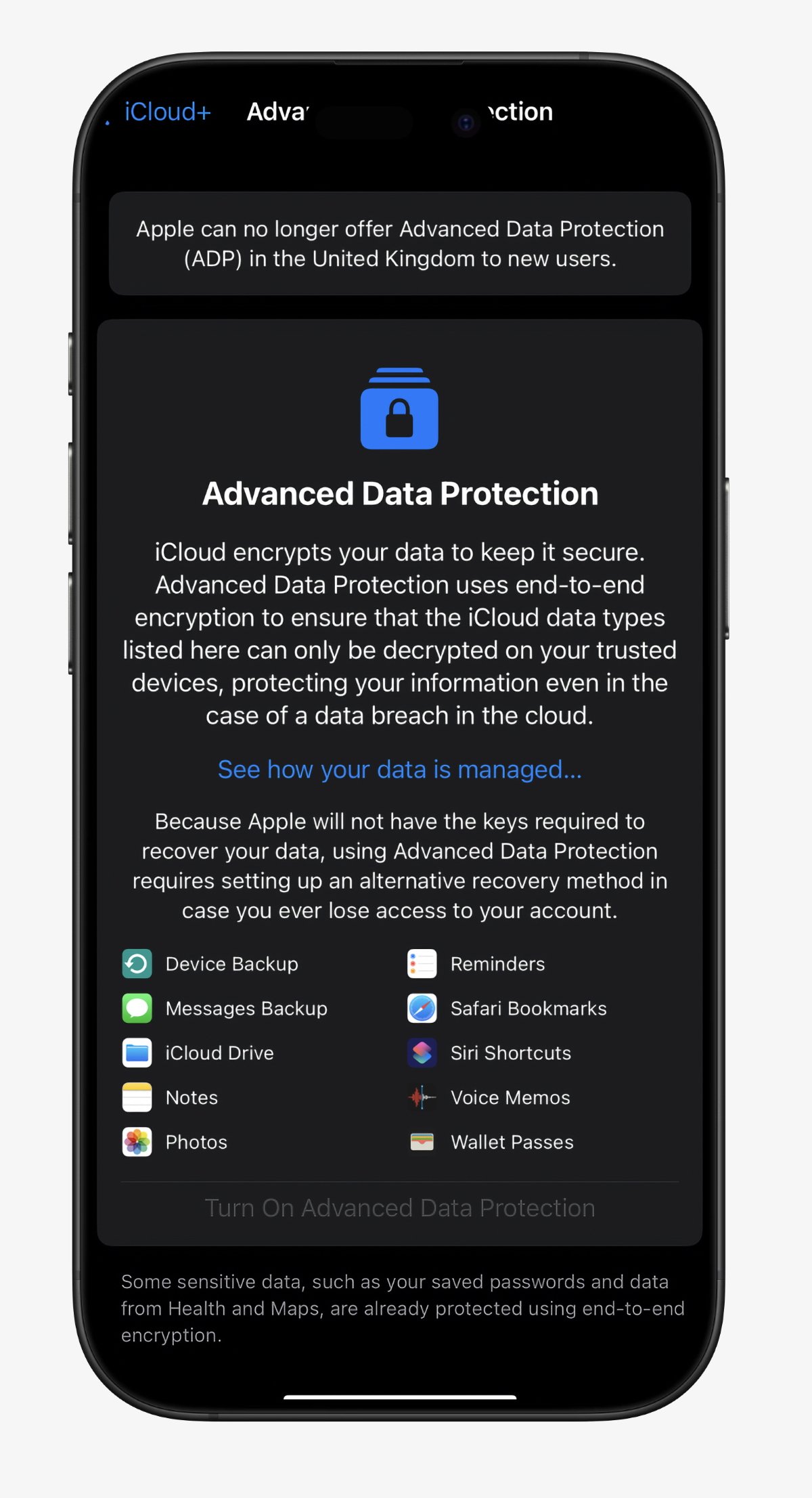 Smartphone screen displaying a notification about the unavailability of Advanced Data Protection for new users in the United Kingdom. Describes iCloud encryption features and data categories.