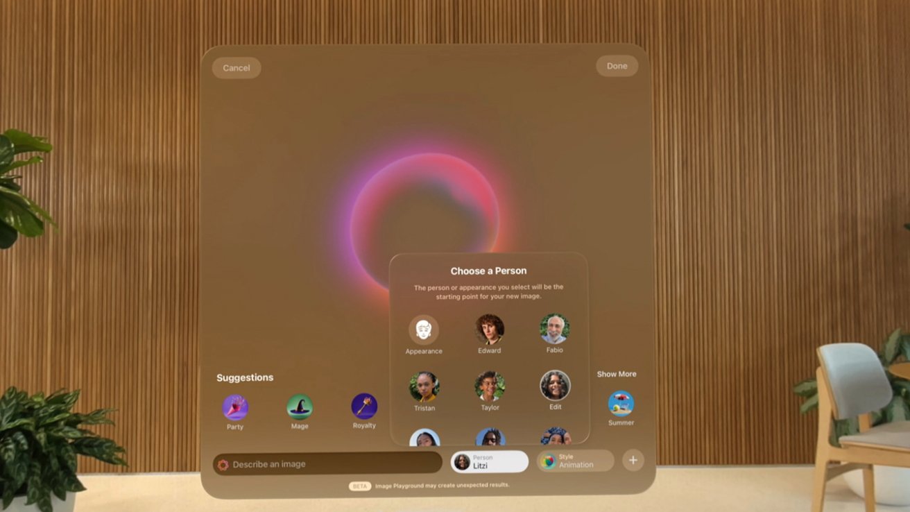 Virtual interface with a wooden background, showing a 'Choose a Person' panel, circular gradient design, and various suggestion buttons for customization.